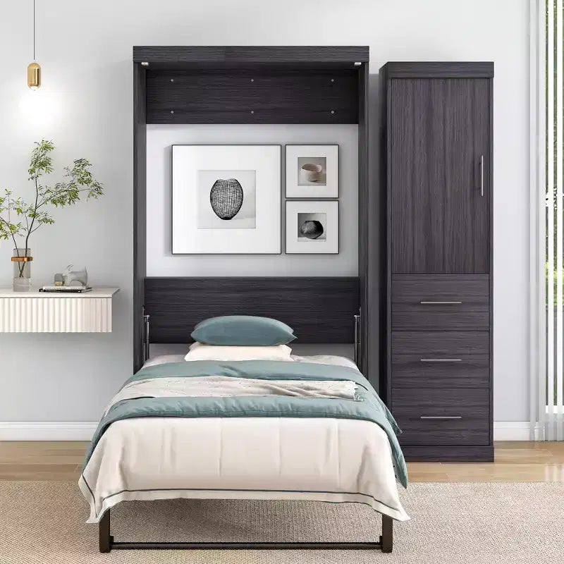 Letto a scomparsa in legno con armadio e cassetti
