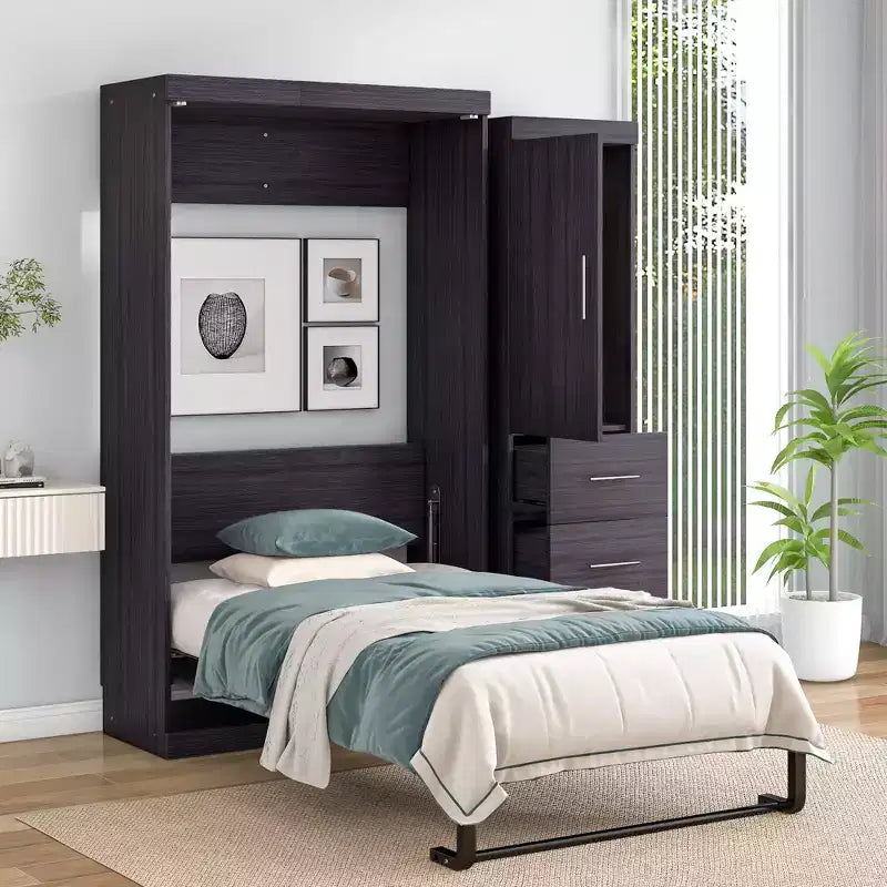 Letto a scomparsa in legno con armadio e cassetti