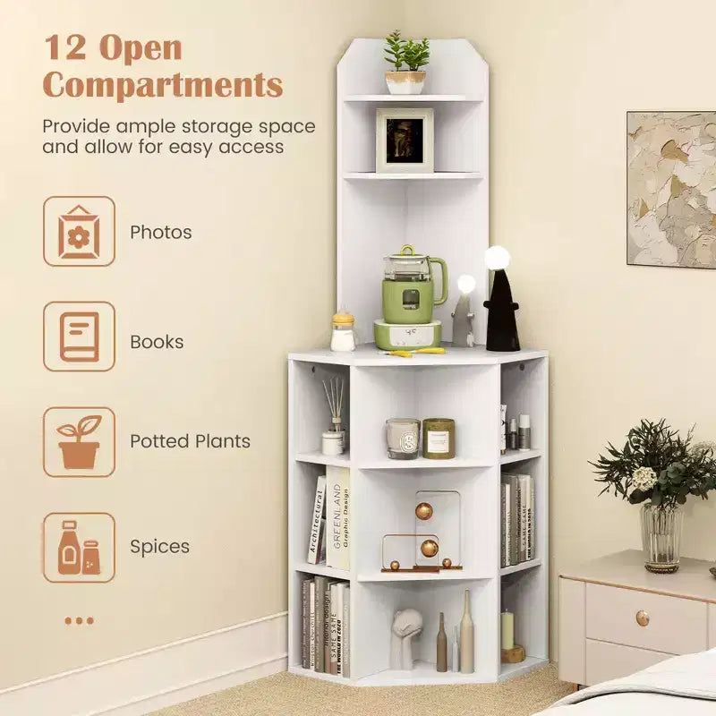 Scaffale angolare a 6 ripiani, Libreria angolare alta 160 cm con 2 porte USB e stazione di ricarica Marrone/Bianco