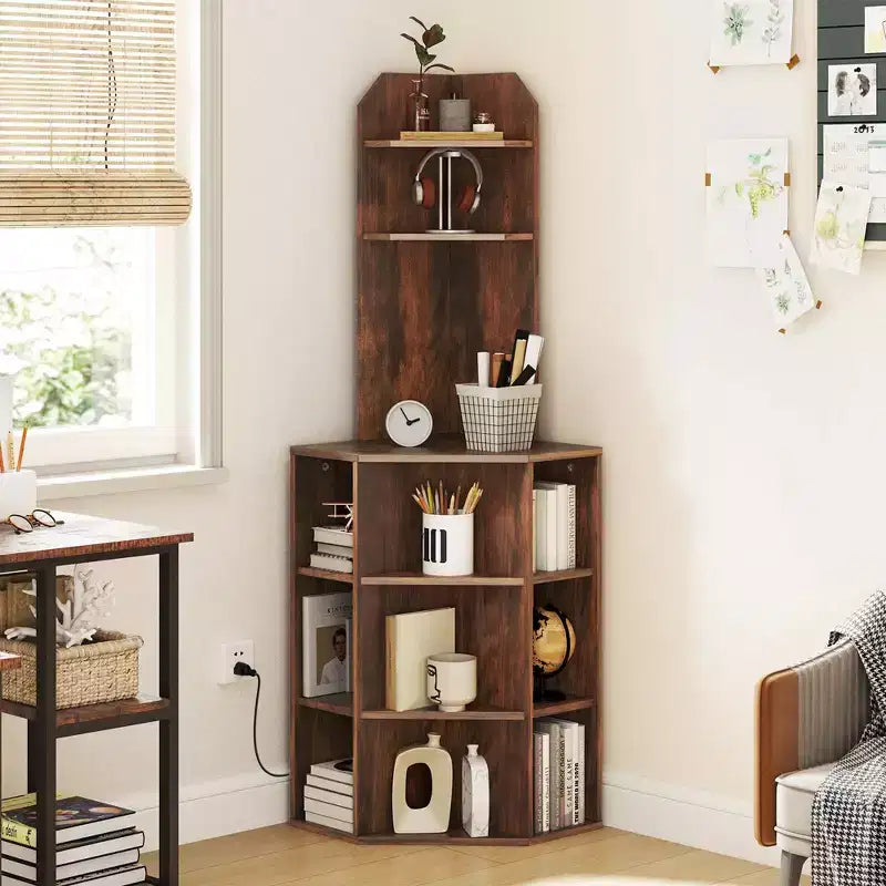 Scaffale angolare a 6 ripiani, Libreria angolare alta 160 cm con 2 porte USB e stazione di ricarica Marrone/Bianco