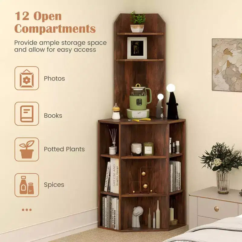 Scaffale angolare a 6 ripiani, Libreria angolare alta 160 cm con 2 porte USB e stazione di ricarica Marrone/Bianco
