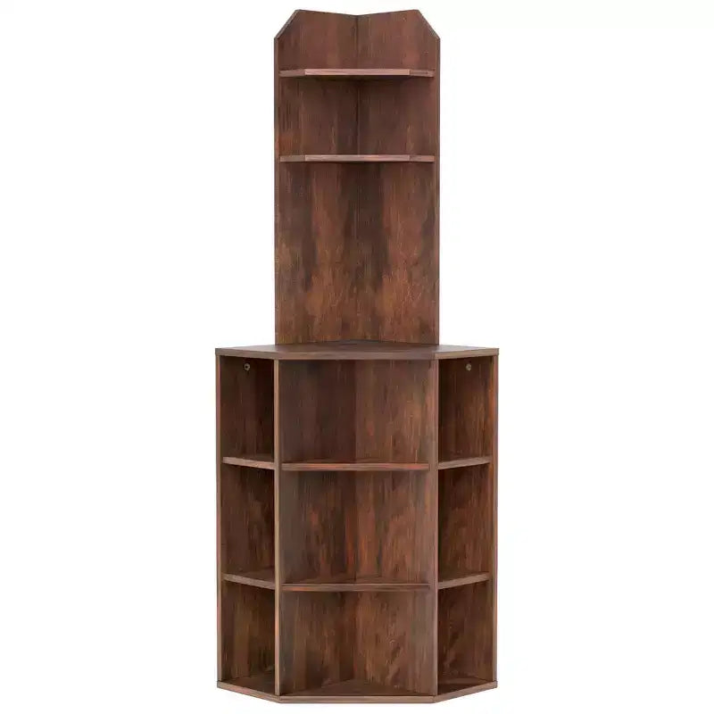 Scaffale angolare a 6 ripiani, Libreria angolare alta 160 cm con 2 porte USB e stazione di ricarica Marrone/Bianco