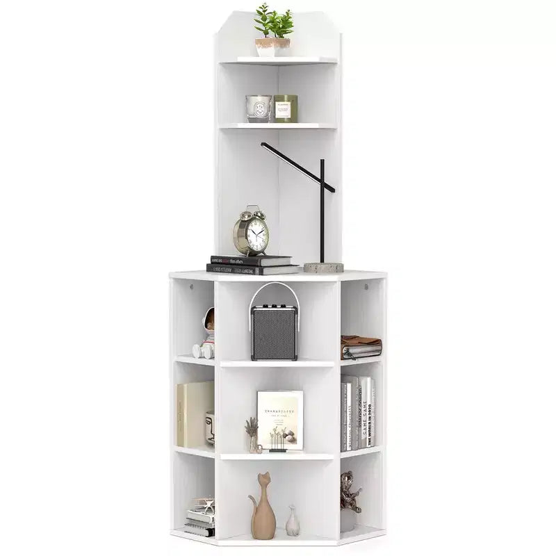 Scaffale angolare a 6 ripiani, Libreria angolare alta 160 cm con 2 porte USB e stazione di ricarica Marrone/Bianco