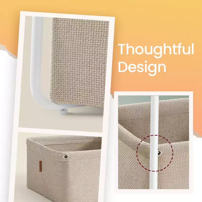 Comodino moderno con cesto in tessuto, tavolino quadrato, tavolino da divano, tavolino da salotto, da camera da letto, bianco opaco e marrone cammello