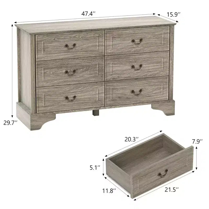 Cassettiera rustica da 120 cm con 6 cassetti per camera da letto, texture naturale, grigio