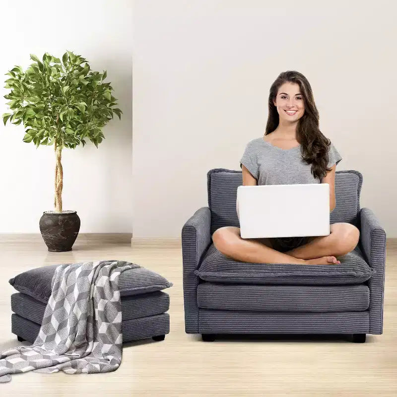 41.34 Poltrona accentata oversize in velluto a coste, poltrona divano con pouf e seduta ampia, poltrone moderne da lettura per camera da letto e soggiorno