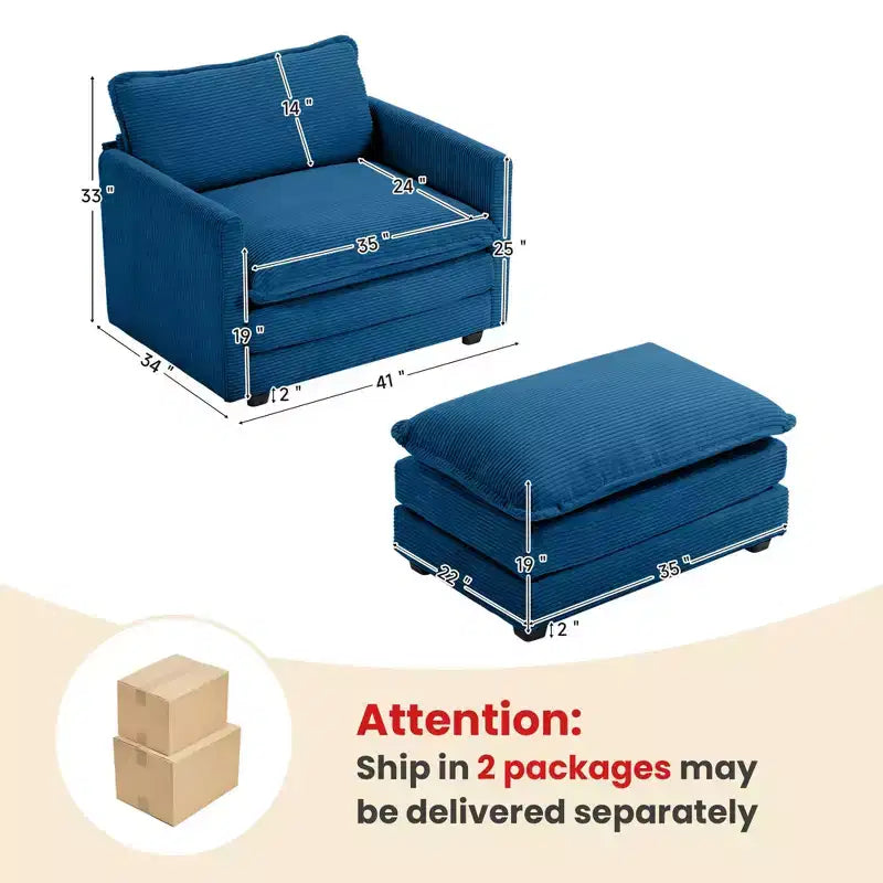 41.34 Poltrona accentata oversize in velluto a coste, poltrona divano con pouf e seduta ampia, poltrone moderne da lettura per camera da letto e soggiorno