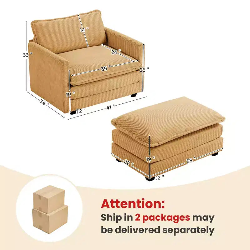 41.34 Poltrona accentata oversize in velluto a coste, poltrona divano con pouf e seduta ampia, poltrone moderne da lettura per camera da letto e soggiorno