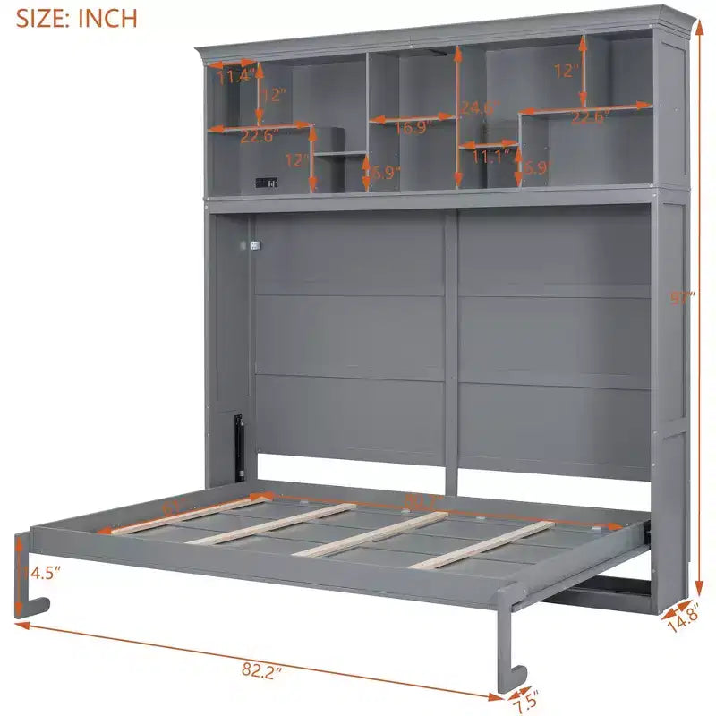 Letto a scomparsa matrimoniale Queen size dal design moderno, ripiegabile in un mobile con ripiani superiori e porte USB