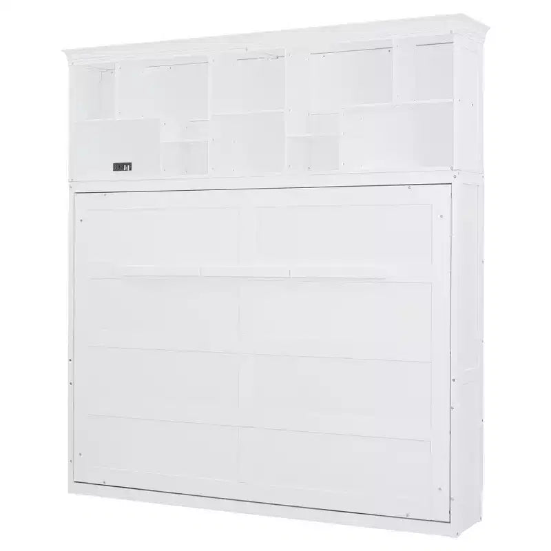 Letto a scomparsa matrimoniale Queen size dal design moderno, ripiegabile in un mobile con ripiani superiori e porte USB