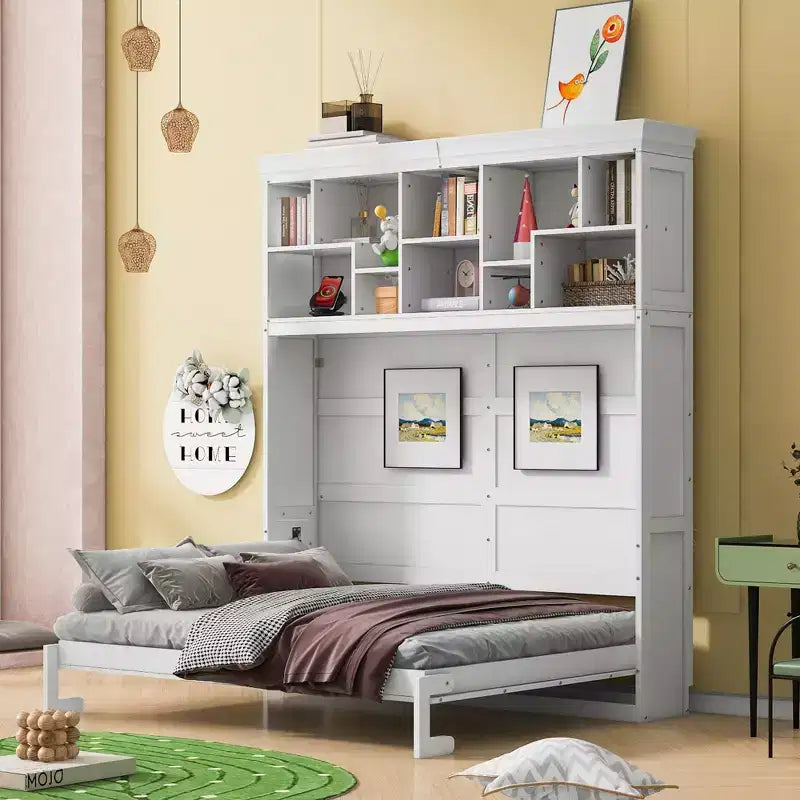Letto a scomparsa matrimoniale Queen size dal design moderno, ripiegabile in un mobile con ripiani superiori e porte USB