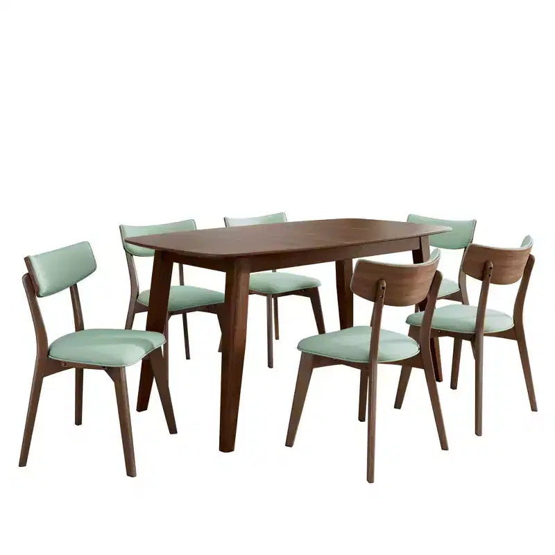 Set da pranzo imbottito in legno di gomma stile Mid-Century Modern, 7 pezzi