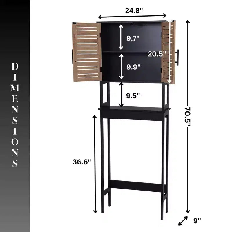 Mobiletto da Bagno Sopra Il WC con Ante a Doppia Ventilazione e Ripiano Aperto, Nero e Marrone - Collezione Bergen