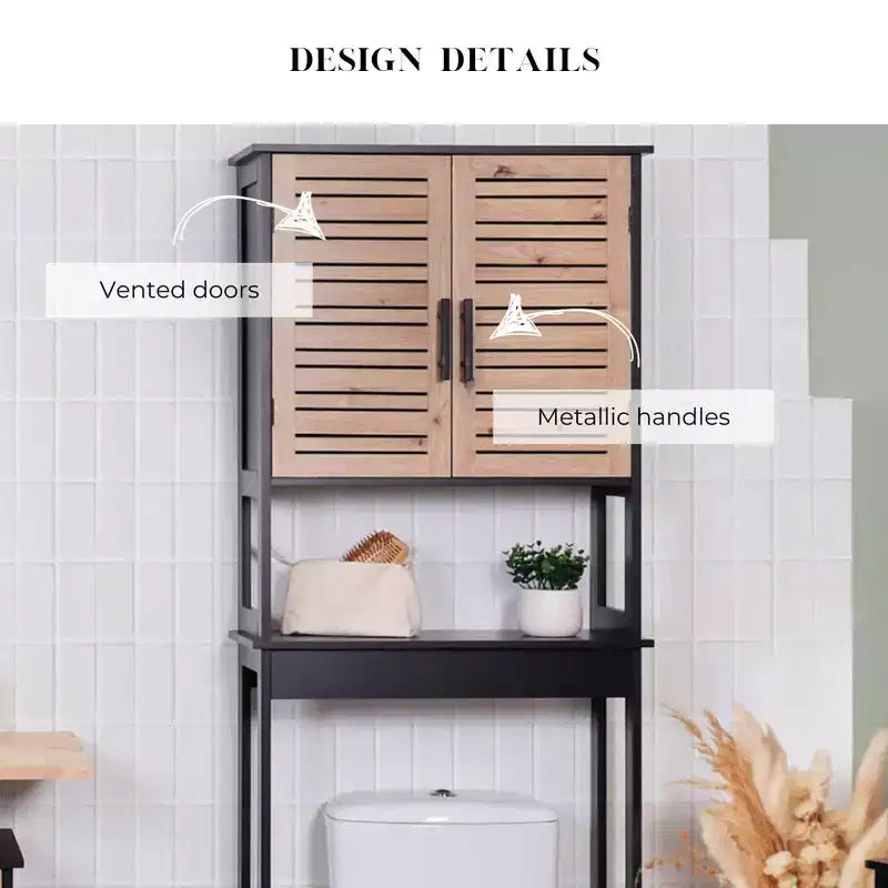 Mobiletto da Bagno Sopra Il WC con Ante a Doppia Ventilazione e Ripiano Aperto, Nero e Marrone - Collezione Bergen