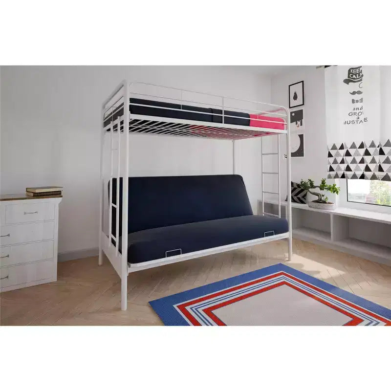 Letto a castello in metallo a due piazze sopra futon