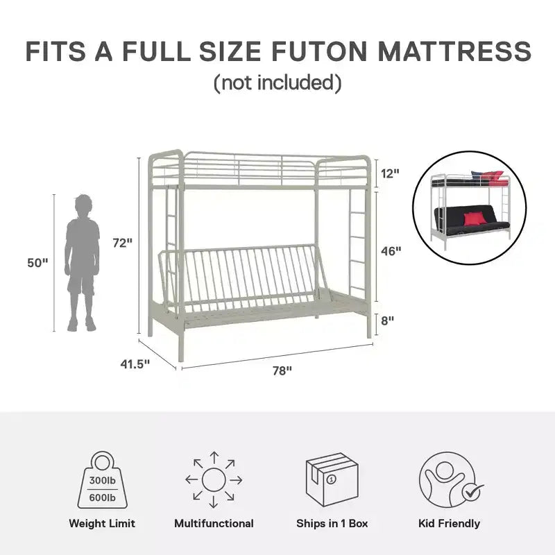 Letto a castello in metallo a due piazze sopra futon