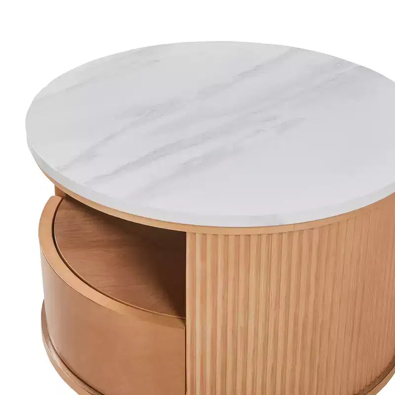Tavolino da caffè rotondo impilabile con piano in marmo bianco, 2 ripiani e cassetto, Naturale