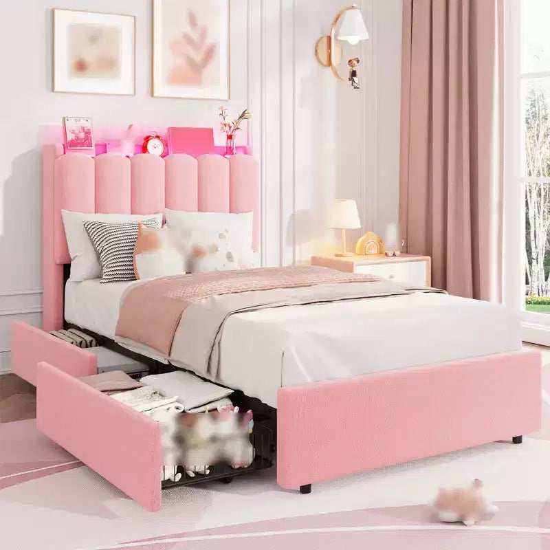 Struttura letto singola con testiera contenitore, letto a piattaforma imbottito con 2 cassetti, supporto a doghe in legno, non è richiesta la rete a molle