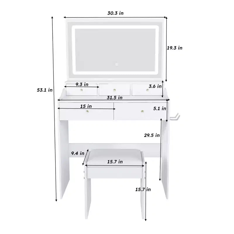 Toeletta Moderna con Specchio Grande e Luci, Scrivania da Trucco con Cassetti e Piccolo Sgabello, Set Tavolo da Trucco per Camere da Letto