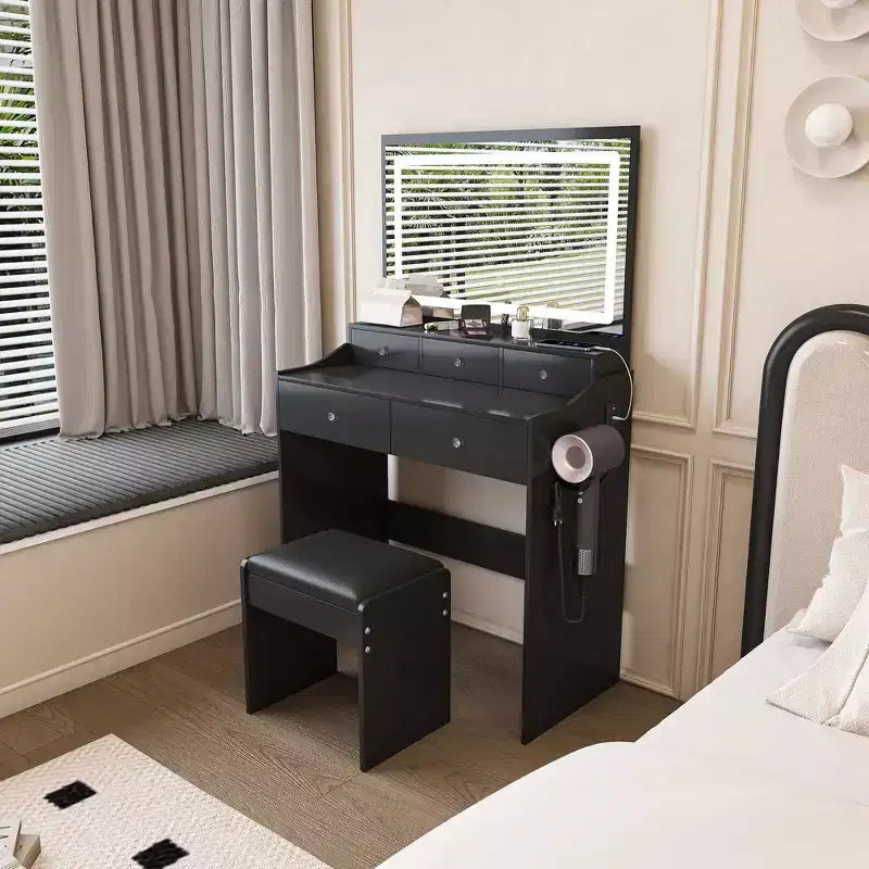 Toeletta Moderna con Specchio Grande e Luci, Scrivania da Trucco con Cassetti e Piccolo Sgabello, Set Tavolo da Trucco per Camere da Letto