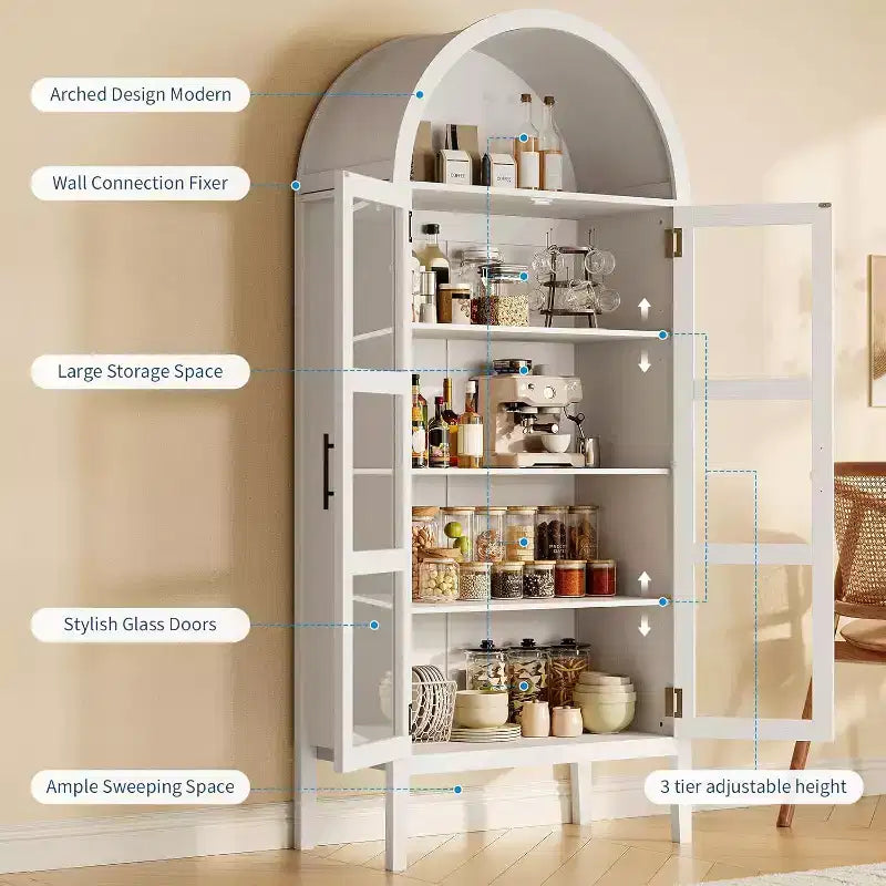 Dispensa da cucina alta 70 con ripiani ad arco, luci a LED e ripiani regolabili, libreria ad arco per cucina, sala da pranzo, soggiorno