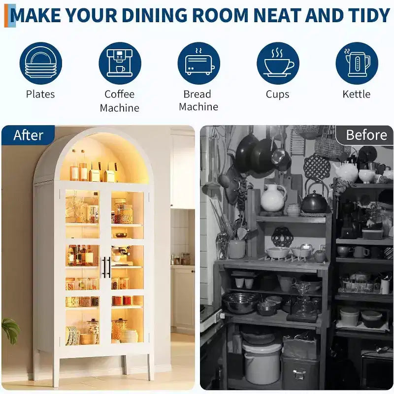 Dispensa da cucina alta 70 con ripiani ad arco, luci a LED e ripiani regolabili, libreria ad arco per cucina, sala da pranzo, soggiorno