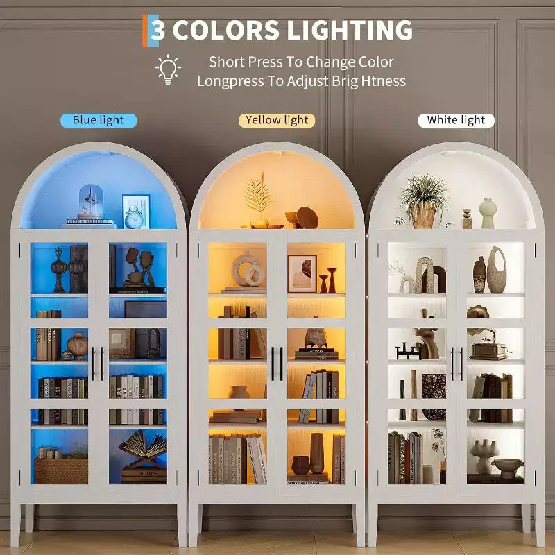 Dispensa da cucina alta 70 con ripiani ad arco, luci a LED e ripiani regolabili, libreria ad arco per cucina, sala da pranzo, soggiorno