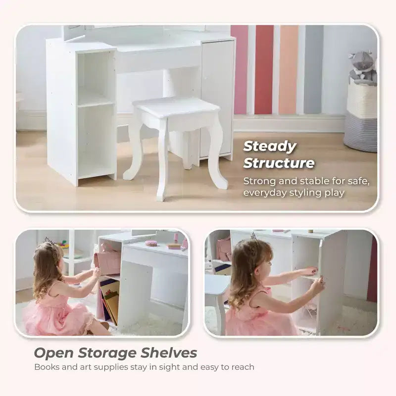 Toeletta in legno Deluxe Glow per bambini con specchio LED, contenitore e sgabello, bianco