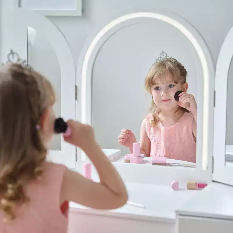 Toeletta in legno Deluxe Glow per bambini con specchio LED, contenitore e sgabello, bianco