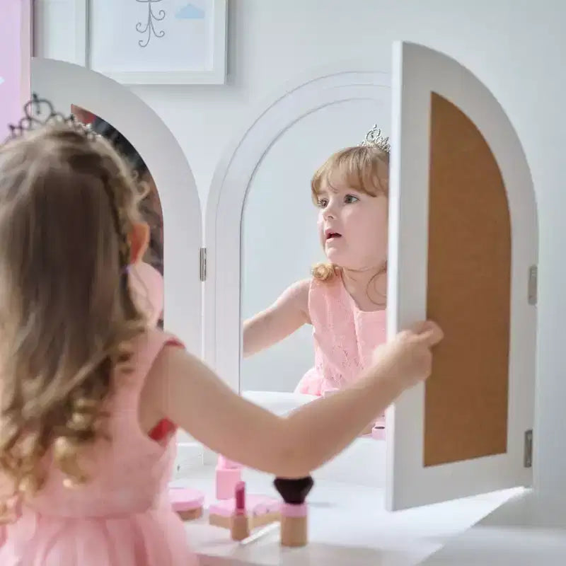Toeletta in legno Deluxe Glow per bambini con specchio LED, contenitore e sgabello, bianco