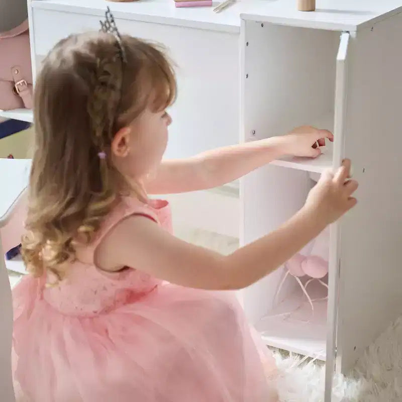 Toeletta in legno Deluxe Glow per bambini con specchio LED, contenitore e sgabello, bianco