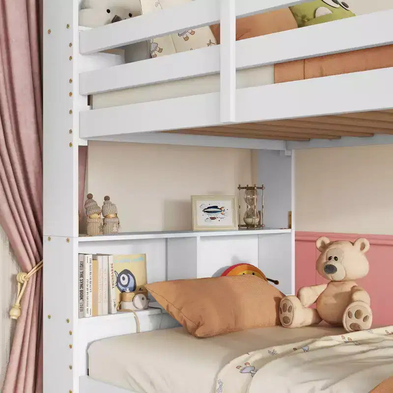 Letto a castello singolo su singolo con mensole portaoggetti, letto a castello per bambini 2 in 1 in legno di gomma con sponde di sicurezza e scaletta, letto singolo per la camera da letto