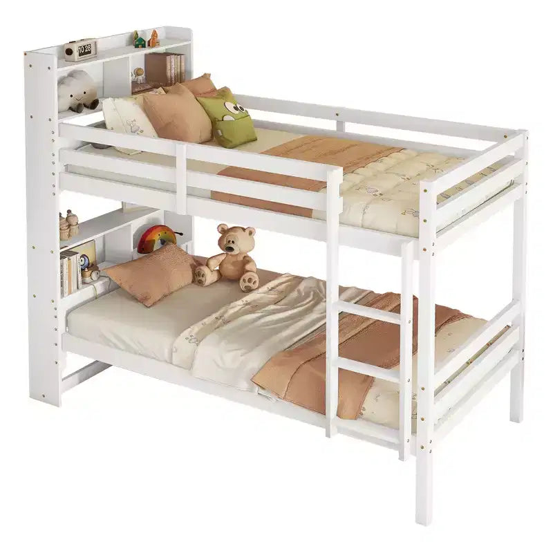 Letto a castello singolo su singolo con mensole portaoggetti, letto a castello per bambini 2 in 1 in legno di gomma con sponde di sicurezza e scaletta, letto singolo per la camera da letto
