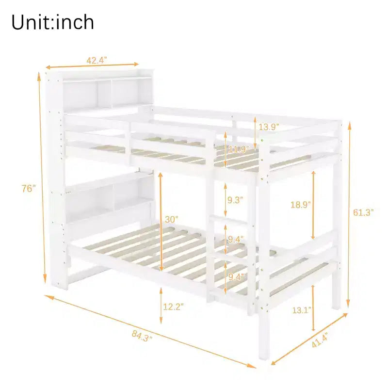 Letto a castello singolo su singolo con mensole portaoggetti, letto a castello per bambini 2 in 1 in legno di gomma con sponde di sicurezza e scaletta, letto singolo per la camera da letto