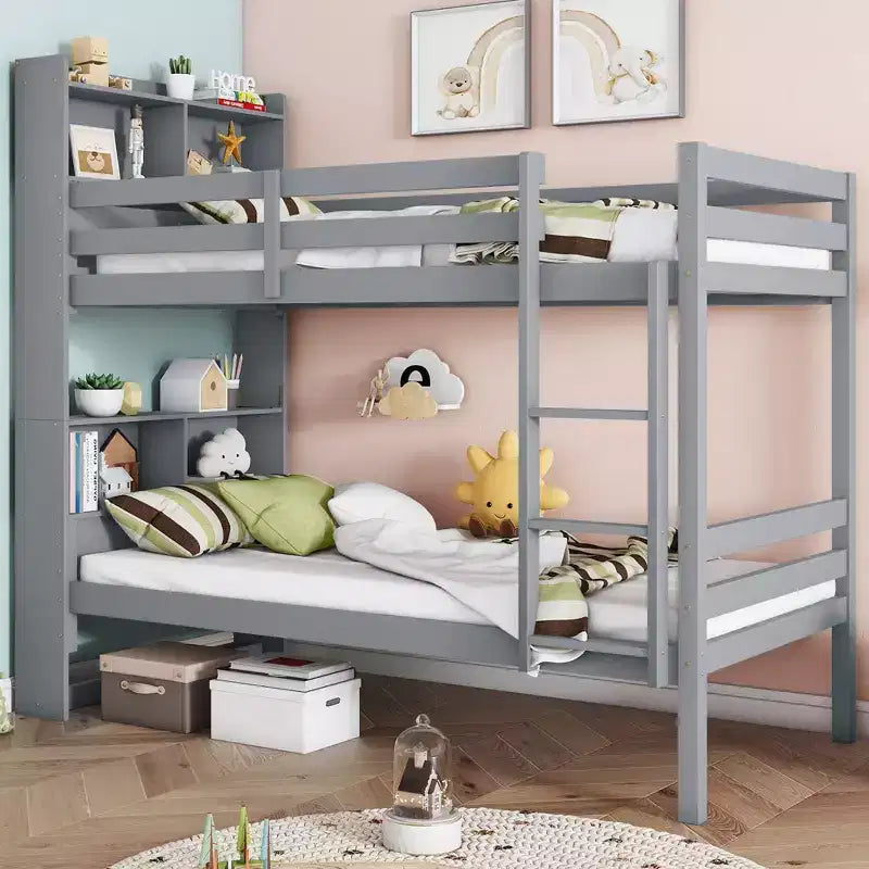 Letto a castello singolo su singolo con mensole portaoggetti, letto a castello per bambini 2 in 1 in legno di gomma con sponde di sicurezza e scaletta, letto singolo per la camera da letto