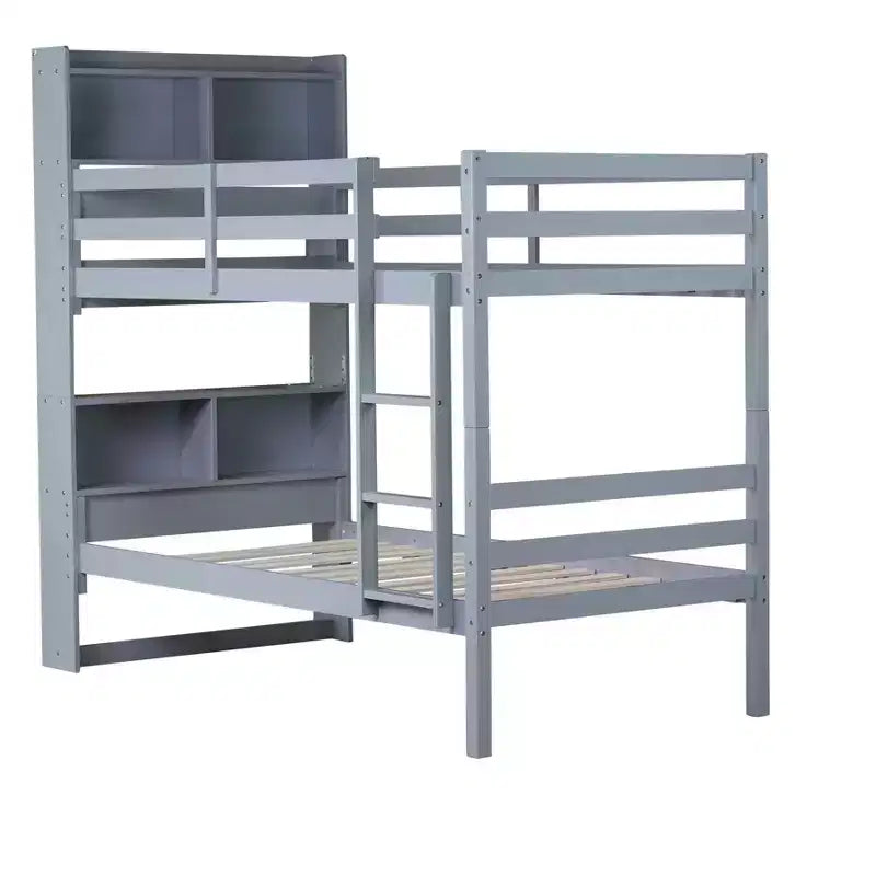 Letto a castello singolo su singolo con mensole portaoggetti, letto a castello per bambini 2 in 1 in legno di gomma con sponde di sicurezza e scaletta, letto singolo per la camera da letto