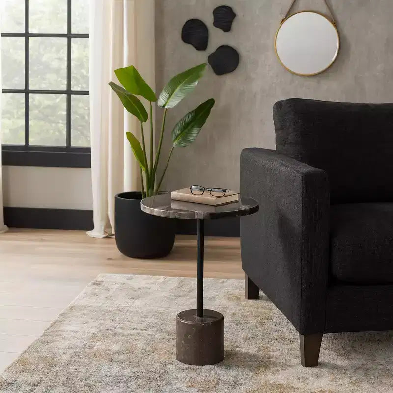 Tavolino con Piano Rotondo in Marmo e Base Decorativa - Pezzo d'Accento Moderno per Piccoli Spazi, Arredamento Camera e Arredamento Casa - 21, Nero e Marrone