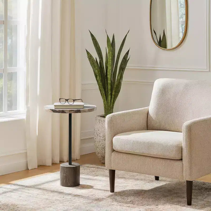 Tavolino con Piano Rotondo in Marmo e Base Decorativa - Pezzo d'Accento Moderno per Piccoli Spazi, Arredamento Camera e Arredamento Casa - 21, Nero e Marrone
