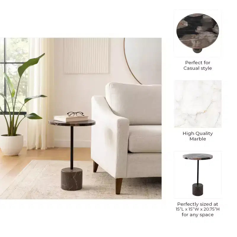 Tavolino con Piano Rotondo in Marmo e Base Decorativa - Pezzo d'Accento Moderno per Piccoli Spazi, Arredamento Camera e Arredamento Casa - 21, Nero e Marrone