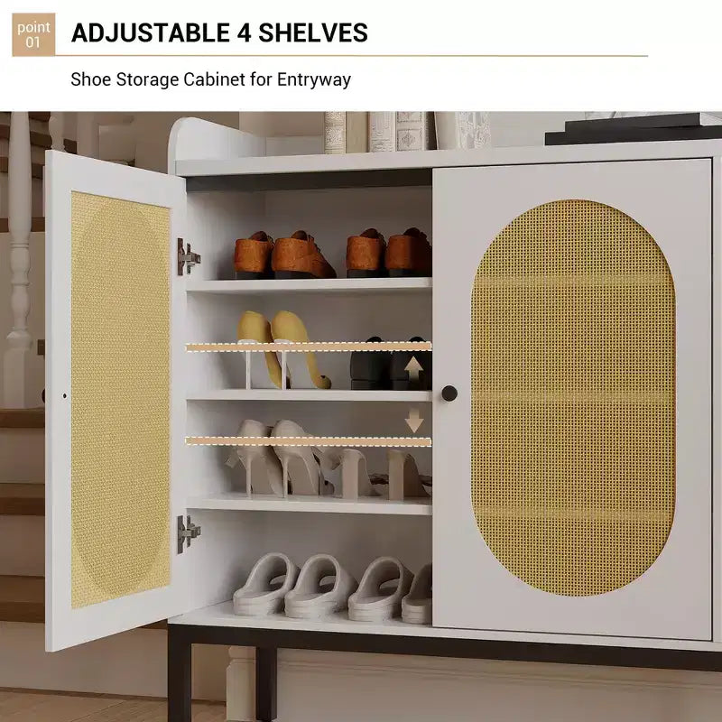Scarpiera bianca a 6 ripiani con 3 ante in rattan (46,1L x 13,9P x 28,7A) - Organizzatore autoportante per ingresso e soggiorno