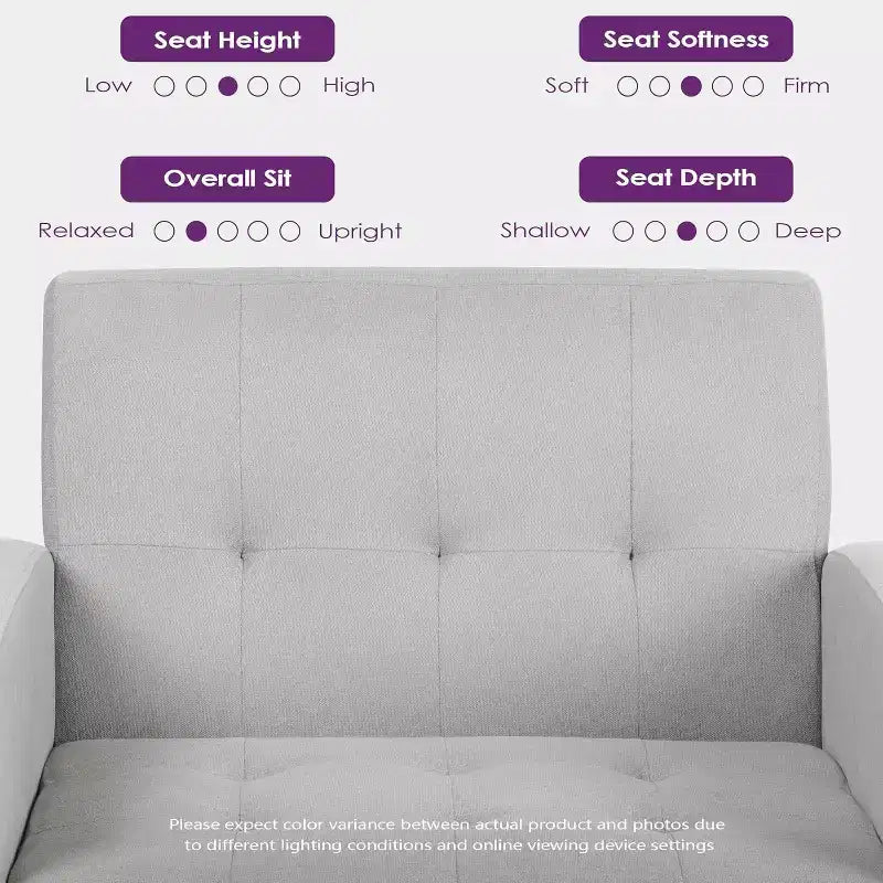 Divano letto a 3 posti, Divano moderno rivestito in lino, Set di 2 pezzi (Divanetto e Poltrona) con sedute profonde per soggiorno, Grigio chiaro