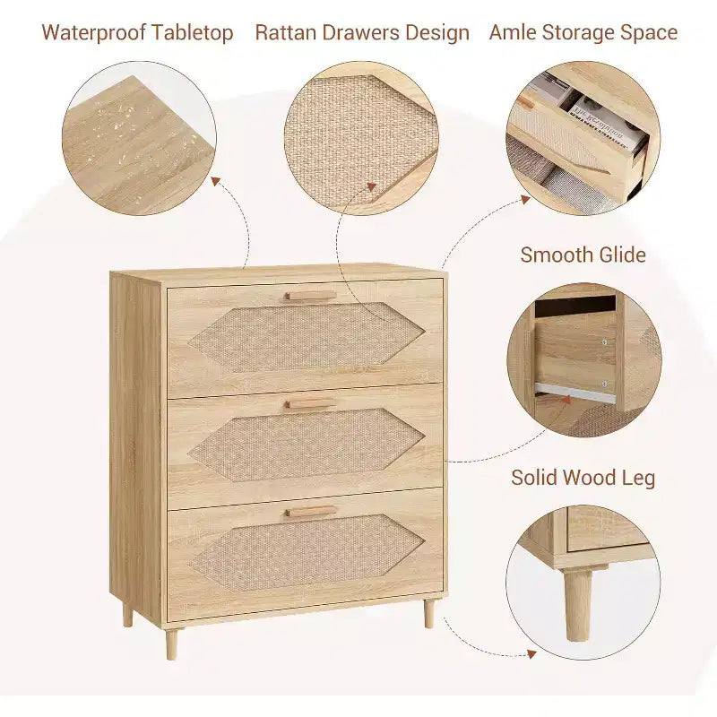 Cassettiera in Rattan a 3 Cassetti, Comò Rustico in Legno di Rovere con Frontali Intrecciati, Mobile Contenitore Moderno per Camera da Letto, Soggiorno o Ingresso