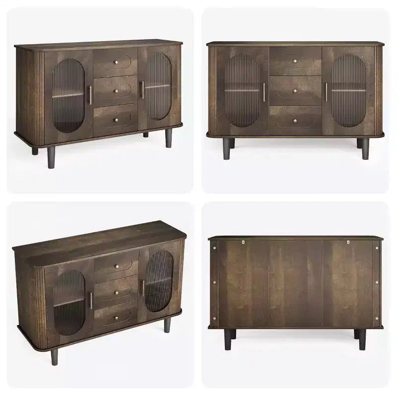 Mobile credenza da 120 cm con 2 ante in vetro scanalato e 3 cassetti, mobile bar da caffè moderno stile fattoria con ripiani regolabili