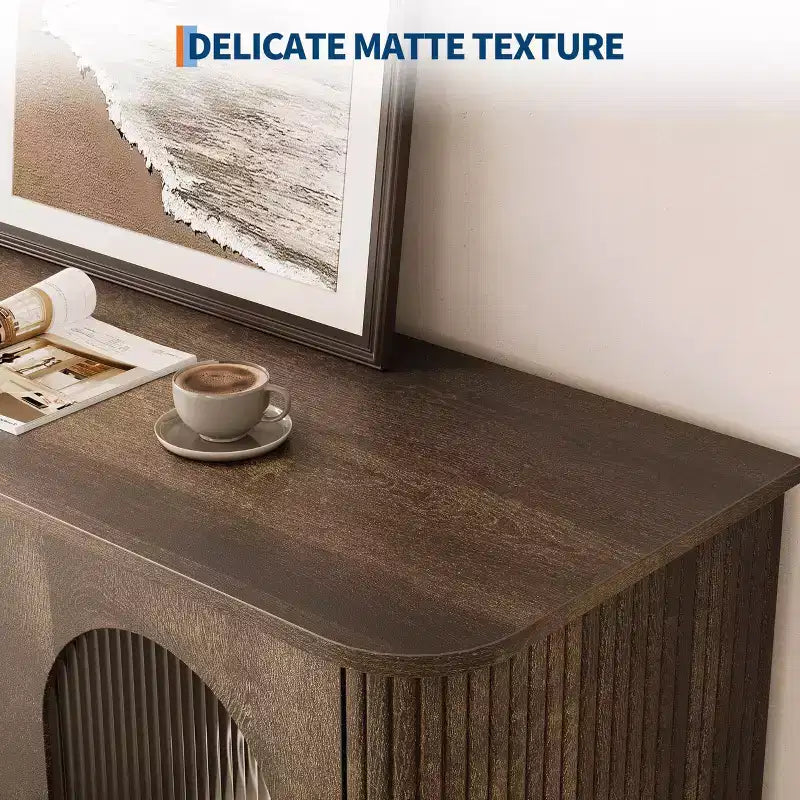 Mobile credenza da 120 cm con 2 ante in vetro scanalato e 3 cassetti, mobile bar da caffè moderno stile fattoria con ripiani regolabili