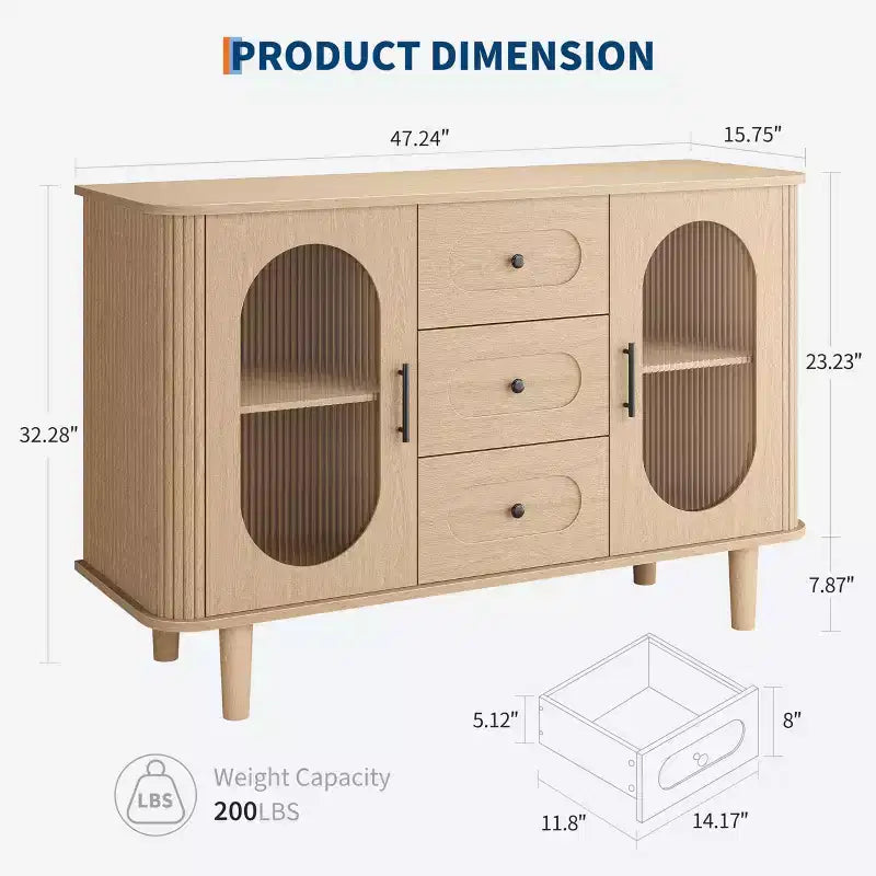 Mobile credenza da 120 cm con 2 ante in vetro scanalato e 3 cassetti, mobile bar da caffè moderno stile fattoria con ripiani regolabili