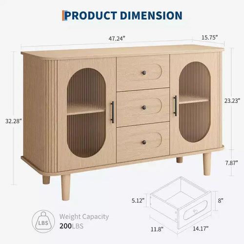 Mobile credenza da 120 cm con 2 ante in vetro scanalato e 3 cassetti, mobile bar da caffè moderno stile fattoria con ripiani regolabili