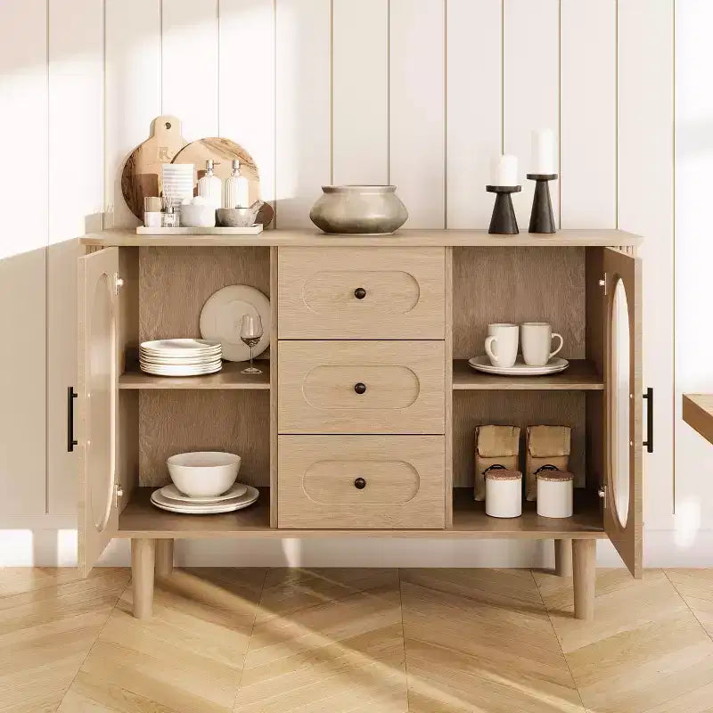 Mobile credenza da 120 cm con 2 ante in vetro scanalato e 3 cassetti, mobile bar da caffè moderno stile fattoria con ripiani regolabili