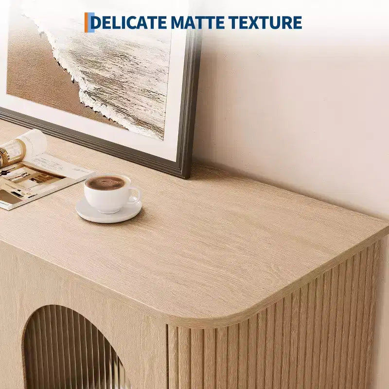 Mobile credenza da 120 cm con 2 ante in vetro scanalato e 3 cassetti, mobile bar da caffè moderno stile fattoria con ripiani regolabili