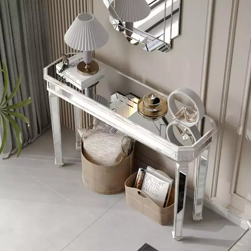 Tavolo consolle vintage da 48 pollici con intaglio a venatura del legno, Tavolo d'accento con superficie a specchio, Tavolo da ingresso per soggiorno, Ingresso