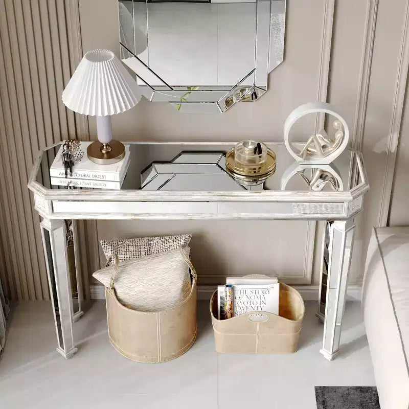 Tavolo consolle vintage da 48 pollici con intaglio a venatura del legno, Tavolo d'accento con superficie a specchio, Tavolo da ingresso per soggiorno, Ingresso